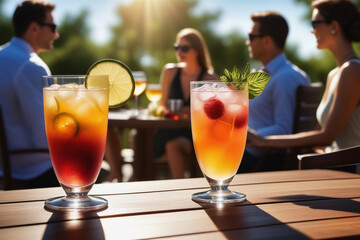 Summer cocktails with fruit and ice. Group of people drinking cocktails at a summer bar. Cocktail party with friends. Enjoying weekend.