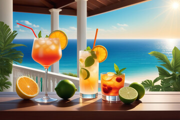 Bright and juicy summer cocktails with fruit and ice at a summer bar against the backdrop of the sea. Summer holiday concept at a seaside resort. Enjoying holiday.