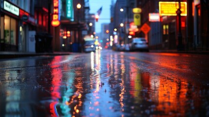 A bustling city street comes alive in the rain, as colorful lights dance off the wet pavement and buildings, creating a reflective and vibrant scene on this dark and stormy night