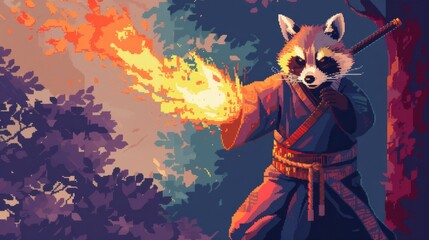 An animated anime raccoon engulfs in fiery chaos, bringing to life a fictional character that ignites our imagination and fuels our sense of adventure