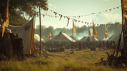 A cinematic portrayal of a medieval battle scene with reenactors in armor, surrounded by tents and banners, captures the historical ambience of ancient warfare - obrazy, fototapety, plakaty