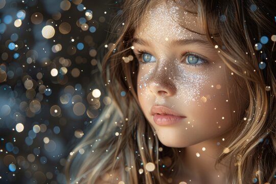 Portrait of beautiful girl with snowflakes on face looking at camera for White Day