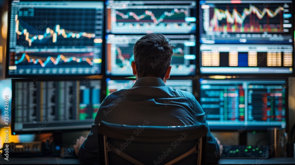 Poster a finance professional focuses intently on analyzing fluctuating stock market trends across multiple