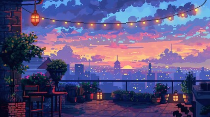 Amidst a sky painted with hues of sunrise and sunset, a charming balcony adorned with lush plants and twinkling lights overlooks the bustling city below, with a solitary tree reaching towards the eve