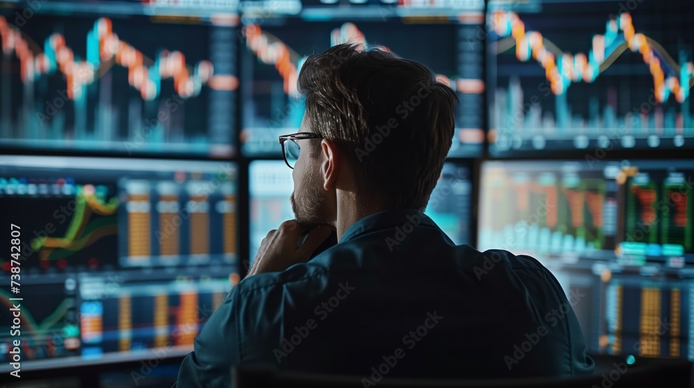 Poster a finance professional focuses intently on analyzing fluctuating stock market trends across multiple