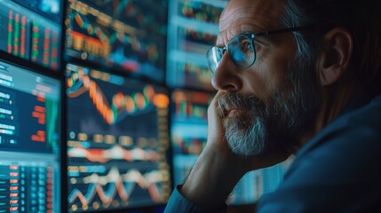 A finance professional focuses intently on analyzing fluctuating stock market trends across multiple computer monitors.