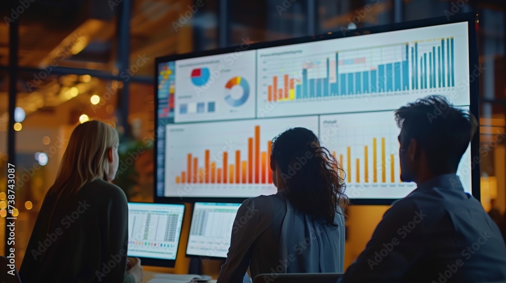 Poster professionals in a meeting discuss data analytics and business growth visualized on a large digital 