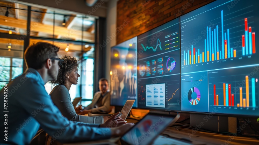 Poster professionals in a meeting discuss data analytics and business growth visualized on a large digital 
