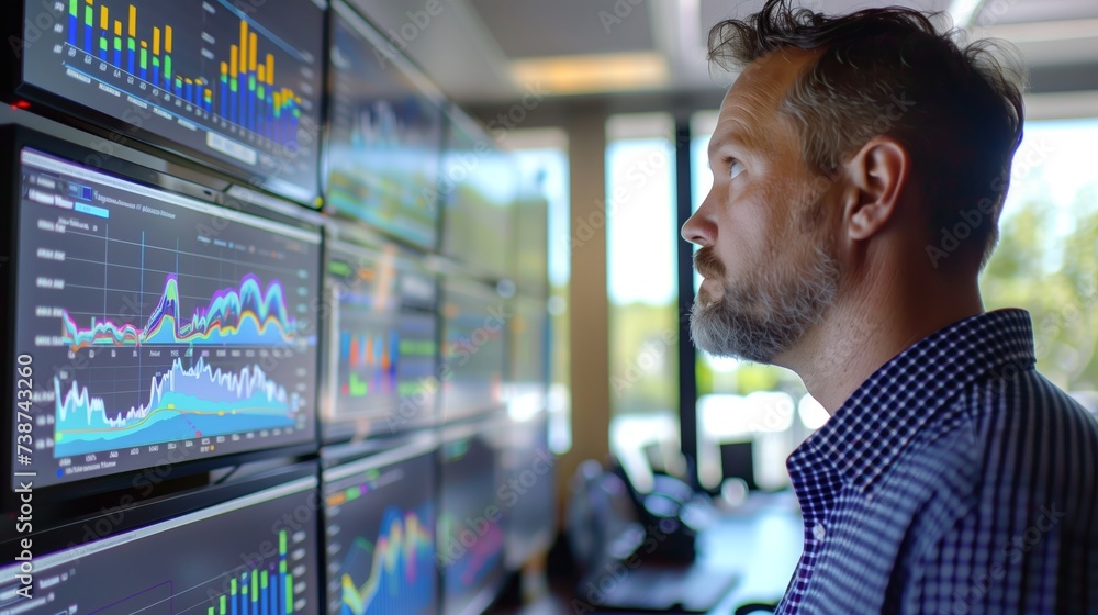 Poster professionals in a meeting discuss data analytics and business growth visualized on a large digital 
