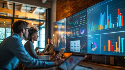 Professionals in a meeting discuss data analytics and business growth visualized on a large digital display.