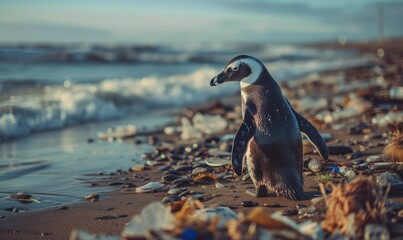 Penguin on the beach with garbage, Plastic waste, Environmental pollution. Pollution of the ocean...