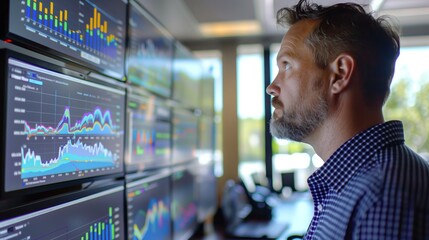 Professionals in a meeting discuss data analytics and business growth visualized on a large digital display.