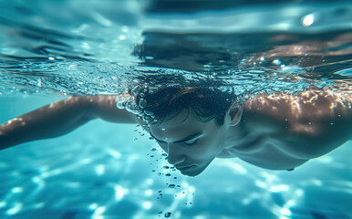 Naklejka premium man swims in swimming pool underwater, summer and relaxation concept