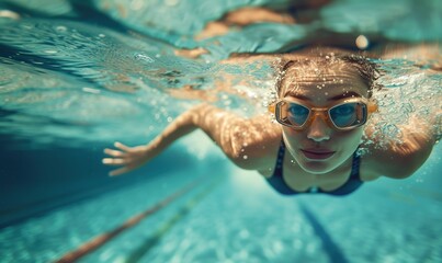 Naklejka premium woman in goggles swims in swimming pool underwater, sport workout
