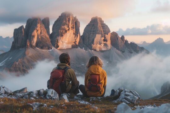 Two figures bundled in winter clothing sit atop a mountain, gazing at the majestic peaks shrouded in fog as the sunrise paints the sky with hues of pink and orange