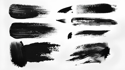 Black paint, ink brush, brush strokes, lines, frames. A collection of brush strokes on a white background.