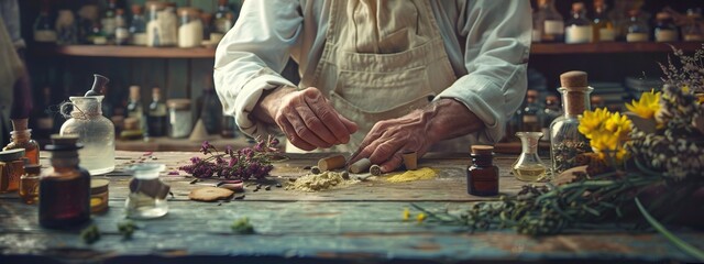 The hands of a perfumer creating a fragrance in an old shop - obrazy, fototapety, plakaty