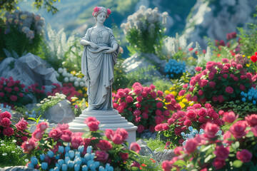 A sculpture of a Greek goddess in a blooming spring garden. - obrazy, fototapety, plakaty