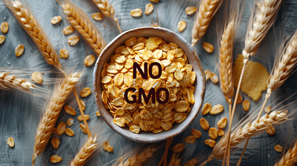 Bowls with cereals and the inscription "GMO-free". The concept of healthy nutrition and natural products.