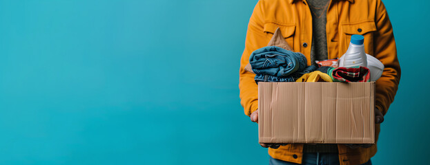 The concept of donation. A box with clothes for donations on a blue background. Charity. Helping people in need.