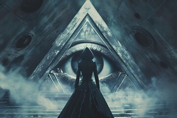 Person in a cult standing in front of Illuminati all seeing eye performing a mysterious dark ritual  - obrazy, fototapety, plakaty
