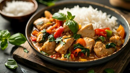 Thai red curry with chicken, bamboo shoots, bell peppers, and Thai basil, served with jasmine rice