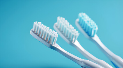 Toothbrushes of different hardness for oral hygiene on a light background.