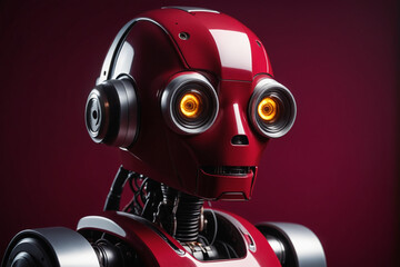 1970's sci robot portrait, studio light, on a ruby colored background