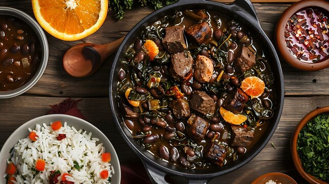 Brazilian feijoada stew with black beans, pork, beef, and sausage, served with rice, collard greens, and orange slices
