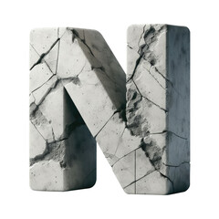 Letter N. Cracked apocalyptic letter. 3D concrete old cracked alphabet forming the letter N. Stone letter. Rock letter. Ancient ruins alphabet set. Isolated transparent PNG background. Pen tool cutout