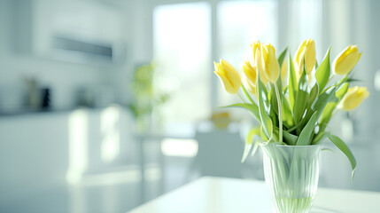 A bouquet of tulips on the kitchen table with a place to copy. - obrazy, fototapety, plakaty