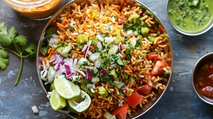 Indian bhel puri street snack made with puffed rice, chopped vegetables, and tangy chutneys - obrazy, fototapety, plakaty