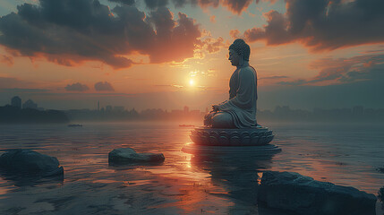 A large Buddha statue on the background of a bay in Thailand. - obrazy, fototapety, plakaty
