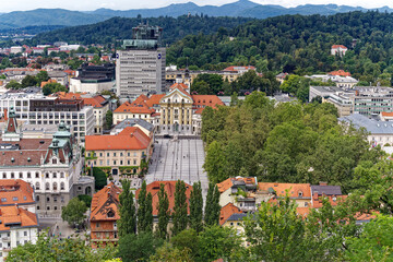 Aerial view of City of Ljubljana with Congress Square seen from viewpoint of castle hill on a...