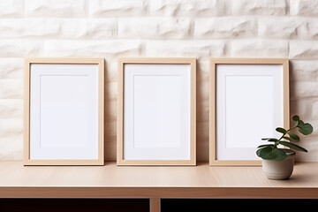 3 empty blank picture frames on wooden table with pot plant next to window sunlight with shadows