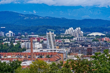 Aerial view of City of Ljubljana seen from Sance castle hill with mountain panorama in the...