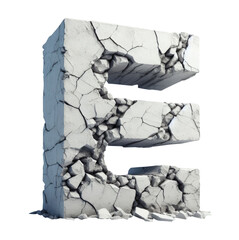 Letter E. Cracked apocalyptic letter. 3D concrete old cracked alphabet forming the letter E. Stone letter. Rock letter. Ancient ruins alphabet set. Isolated transparent PNG background. Pen tool cutout