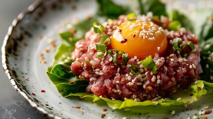 Korean yukhoe beef tartare with Asian pear, egg yolk, sesame oil, and gochujang, served with lettuce wraps - obrazy, fototapety, plakaty