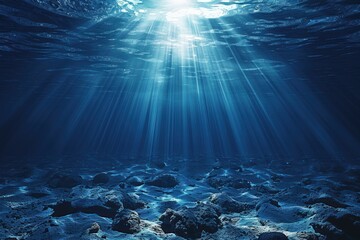 Underwater seascape with sunbeams illuminating ocean depths showcasing serene beauty of marine life and coral reefs tranquil travel destination for diving enthusiasts, capturing clear turquoise waters - obrazy, fototapety, plakaty