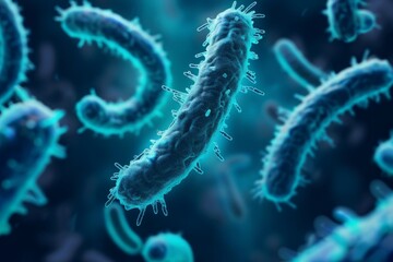 Fototapeta premium Microscopic bacteria coli infection intestinal micro germ microbe bacterium mold health organism medical treatment microorganism disease bacillus pathogen illness microbiology research biotechnology