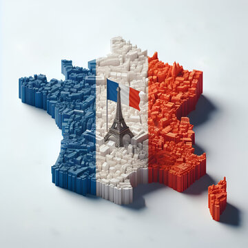 France 3d render map. France country map with its flag isolated on it. 3d illustration design, geographical, topography map