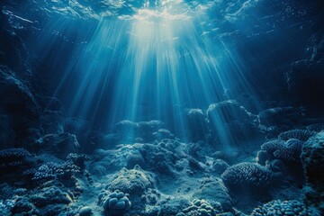 Underwater seascape with sunbeams illuminating ocean depths showcasing serene beauty of marine life...