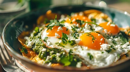 Mexican chilaquiles topped with fried eggs, salsa verde, queso fresco, and crema - obrazy, fototapety, plakaty