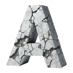 Letter A. Cracked apocalyptic letter. 3D concrete old cracked alphabet forming the letter A. Stone letter. Rock letter. Ancient ruins alphabet set. Isolated transparent PNG background. Pen tool cutout