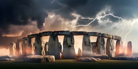 Tornado meets iconic Stonehenge in UK natures force embracing ancient marvel. Concept Natural Disasters, Iconic Landmarks, UK, Stonehenge, Tornado - obrazy, fototapety, plakaty