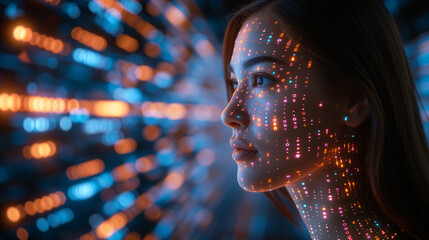 Woman's profile with advanced facial recognition interface, colorful data points overlaying her face against a blurred background. Digital Face Mapping Technology Concept