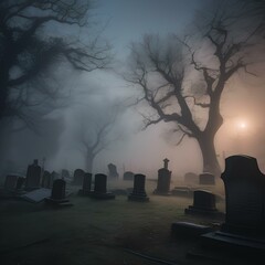 A spooky graveyard at midnight, with tombstones and gnarled trees, shrouded in mist and mystery5 - obrazy, fototapety, plakaty