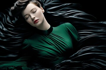 Beautiful young woman with a mysterious aura, wrapped in elegant black silk drapery
