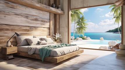 Luxury Hotel Modern interior bedroom with large windows. Summer scene ocean side. Summer, travel, vacation, dreams holiday, resort