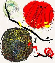 abstract colorful background, illustration with circles, lines, swirls, paint strokes and splashes